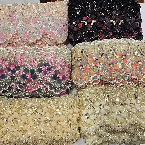 Многоцветна бродирана дантела с 3D мрежеста лента с цветя и мъниста, дантела с бродерия с баркод